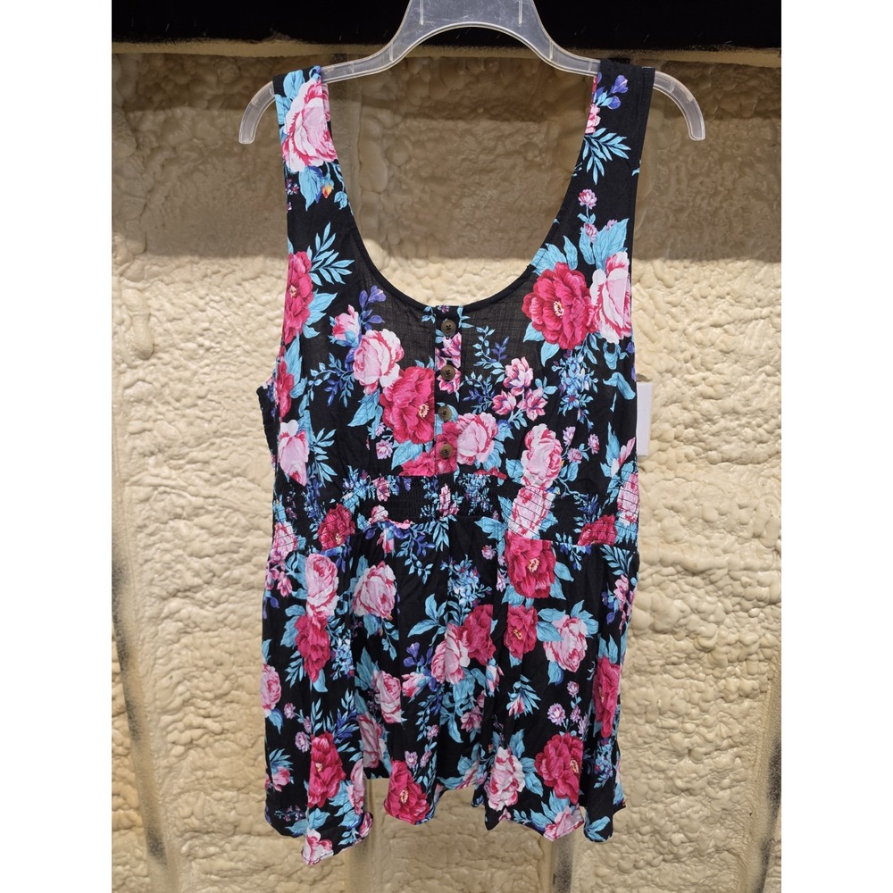 Torrid Rayon Slub Smocked Waist Button-Front Tank Floral Multi 3X